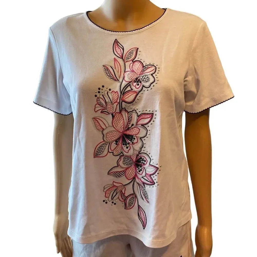 Alfred Dunner Floral Embroidery White Casual Summer Shirt Top Women Size PS